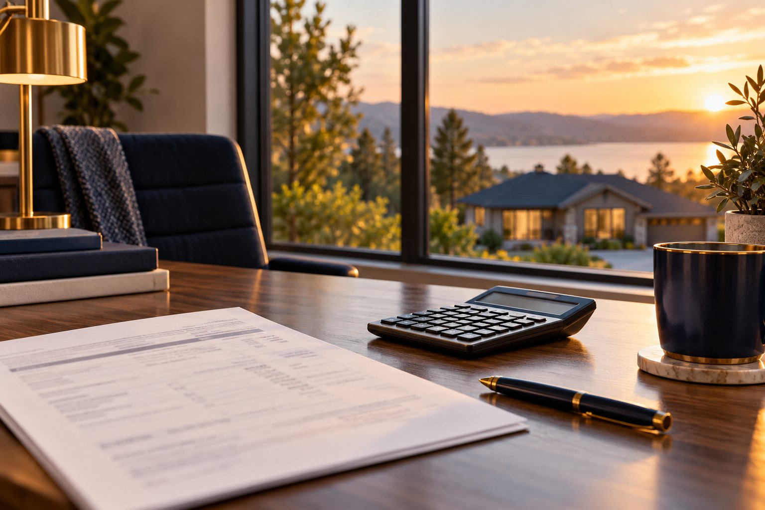 Mortgage planning at a desk overlooking a home